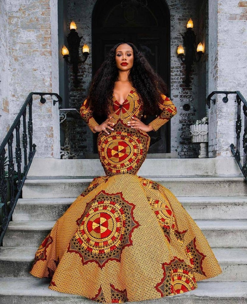 African mermaid gown, African dress, banquet dress, African prom dress, African wedding dress, Floor length dress, African red carpet dress image 1