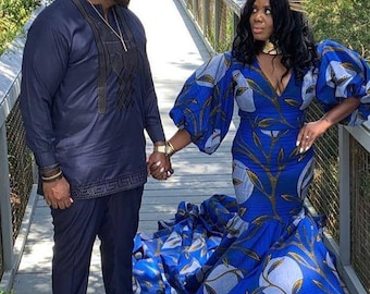 African couples outfit, Couples African clothing, Ankara wedding dress, African couple engagement outfit, Men African fashion, Ankara dress