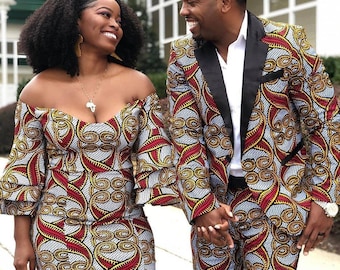 Couple African outfit, African couple engagement outfit, Ankara gown, Ankara clothes for couples wedding, Couple matching African clothing