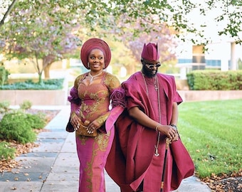 Couples Aso oke wedding attire, Aso oke Agbada, Bride Aso oke dress, Yoruba couple engagement outfits, Nigerian traditional wedding outfits