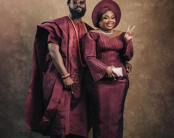 Couples Aso oke wedding attire, Aso oke Agbada, Bride Aso oke dress, Yoruba couple engagement outfits, Nigerian traditional wedding outfits