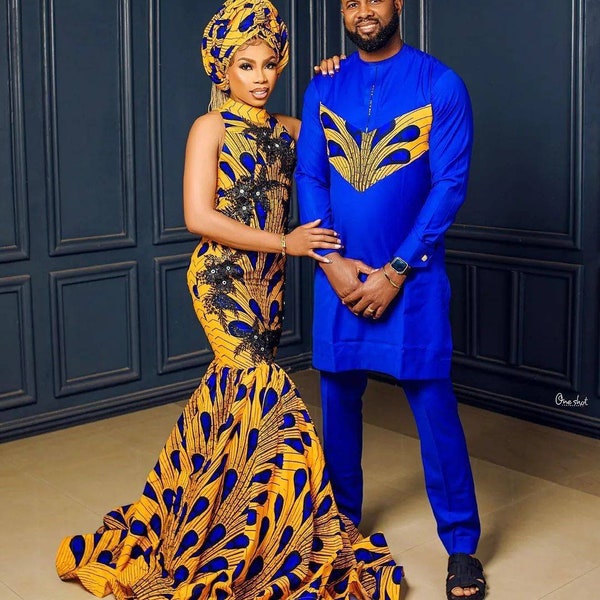 Couples African Clothing, African mermaid dress, African wedding dress, African couple engagement outfit, Ankara gown, Men African fashion