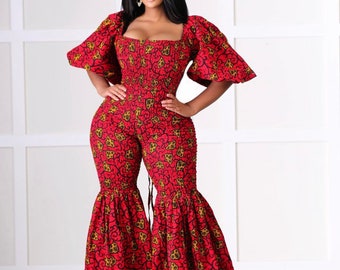 African jumpsuit, Ankara smocked jumpsuit, African jumper, African flair romper, Ankara wide leg African print jumpsuit, African clothing