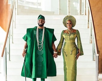 Couples Aso oke attire, Aso oke Agbada, Bride Aso oke dress, Yoruba wedding outfits, Nigerian traditional wedding outfits, African marriage