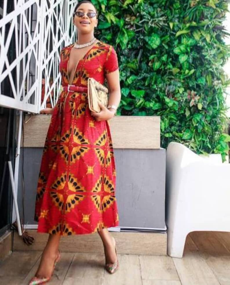 African print dress, Ankara midi dress, Ankara dress African clothing African fashion Ankara gown Ankara work wear Ankara zip down dress image 2