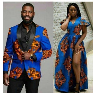 African couples outfit, African men blazer, Ankara maxi dress, ankara outfit for couples, Ankara gown, African print jacket, Ankara dresses