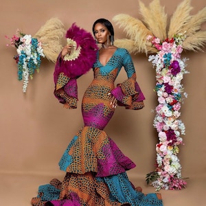 African dress, African maxi mermaid gown, African prom dress, Ankara ball gown, Ankara banquet gown, Ankara wedding dress, African clothing image 1