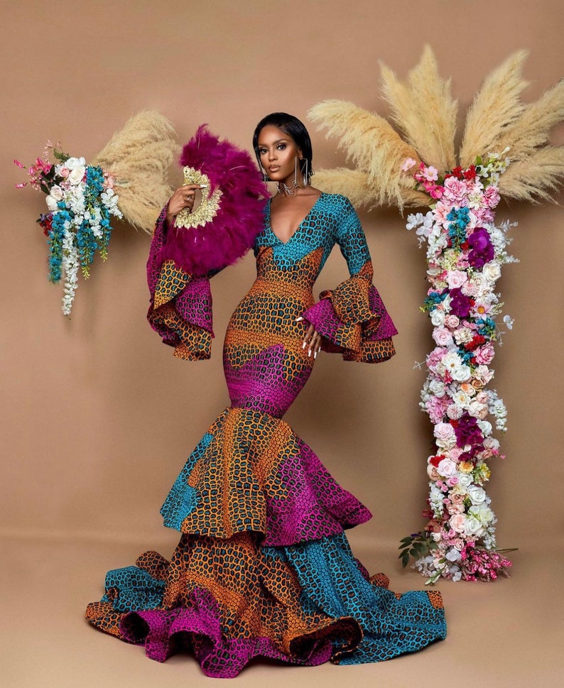 African dress, African maxi mermaid gown, African prom dress, Ankara ball gown, Ankara banquet gown, Ankara wedding dress, African clothing image 1