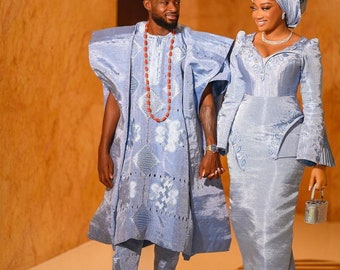 Couples Aso oke wedding attire, Blue Aso oke Agbada, Aso oke dress, Yoruba couple engagement outfits, Nigerian traditional wedding outfits