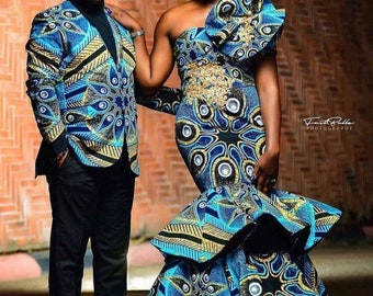 Couples African outfit, African couple engagement outfit, Ankara gown, Ankara clothes for couples wedding, Couples matching African clothing