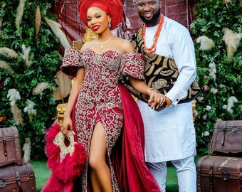 Igbo couples traditional marriage attire, Couples Luxurious matching outfit, Igbo bride wedding gown Couple anniversary outfit, Isiagu shirt