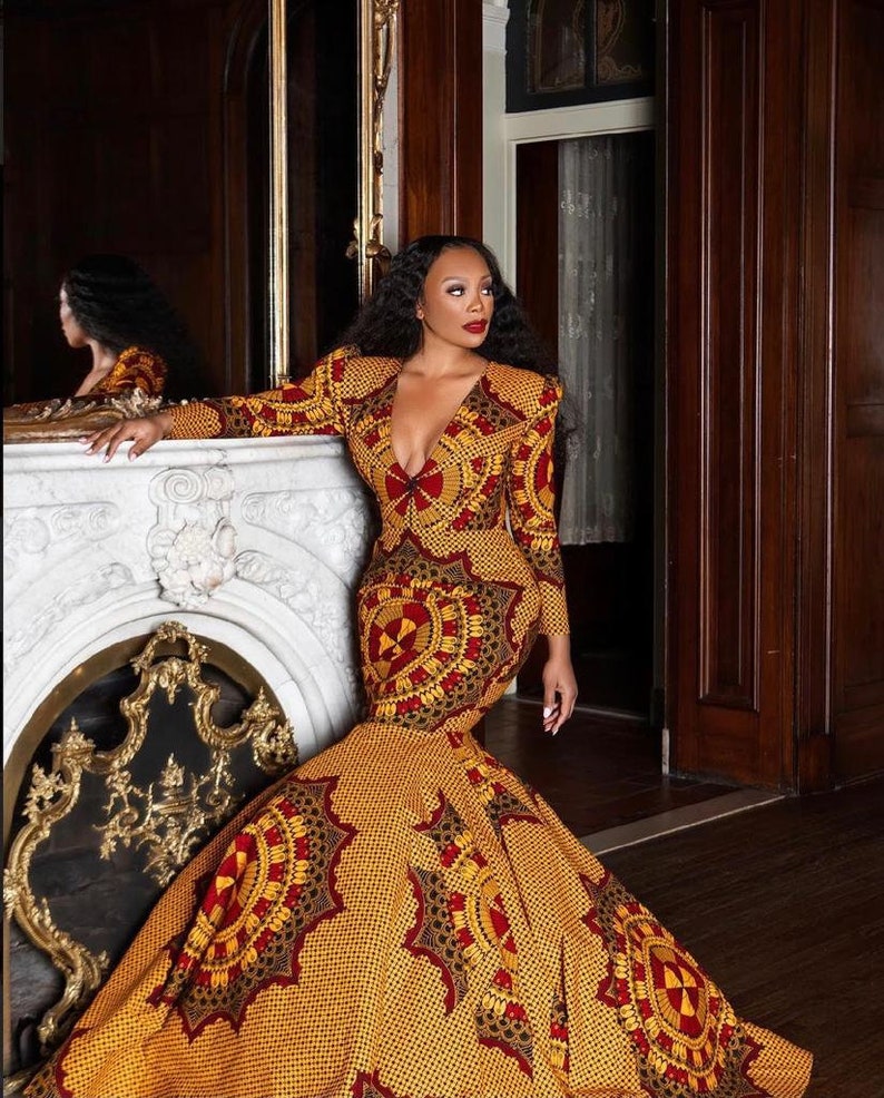 African mermaid gown, African dress, banquet dress, African prom dress, African wedding dress, Floor length dress, African red carpet dress image 2
