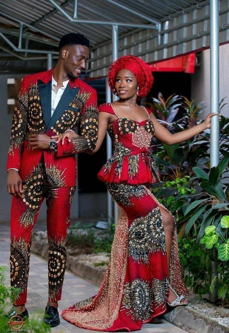 Couple African clothing, African couple matching outfits African wedding dress Matching African couple engagement outfit Men African fashion image 1