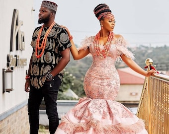 Couple wedding attire, igbo couple traditional wedding attire,  African clothes, Igbo bride dress, Igbo groom isiagu outfit, African attire