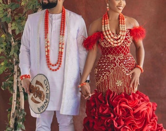 Isiagu wedding attire, igbo couple traditional wedding attire,  African clothes, Igbo bride dress, Igbo groom suit outfit , African attire