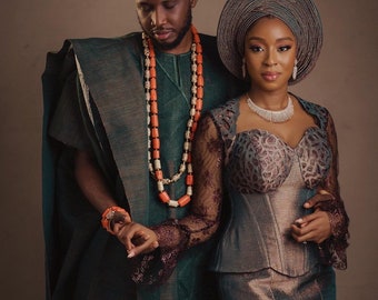 Aso oke couples outfit, Aso oke Agbada, Bride Aso oke dress, Yoruba wedding attire, traditional wedding outfits, African marriage outfits