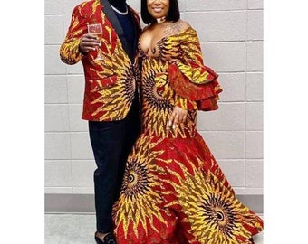 Couples African matching outfit, African couples wedding outfit, Ankara gown, African clothing, Ankara mermaid gown, Men African jacket