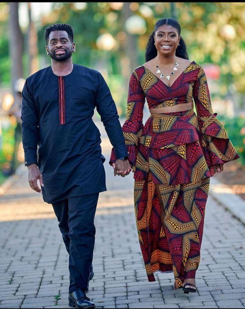 Couple African outfit, African couple engagement outfit, Ankara gown, Ankara clothes for couples wedding, Couple matching African clothing image 2