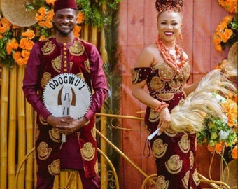 Couples Isi agu, Igbo traditional marriage attire, Nigerian wedding clothes, Igbo bride gown, Couple anniversary outfit, African men outfit