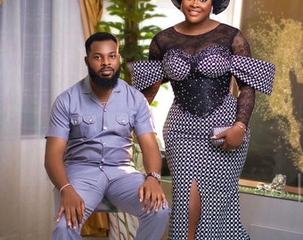 Couple African clothing, Ankara mermaid dress, Africa Aline gown, Men suit, Couples African traditional marriage attire, Men African fashion