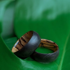 Spalted Tamarind Wood and Forged Carbon Fiber Ring, Handmade Mens Engagement Ring, Mens Wedding Band, Curved Comfort Fit Ring, Hand Crafted image 3