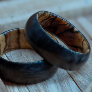 Spalted Tamarind Wood and Forged Carbon Fiber Ring, Handmade Mens Engagement Ring, Mens Wedding Band, Curved Comfort Fit Ring, Hand Crafted image 2
