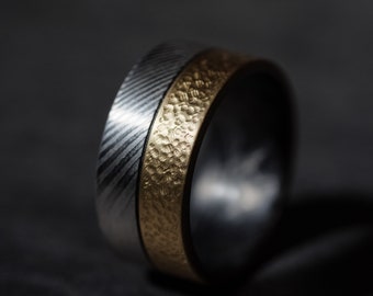 Limited Edition Damascus Steel Naval Brass Forged Carbon Fiber Ring, Handmade Mens Statement Ring, Flat