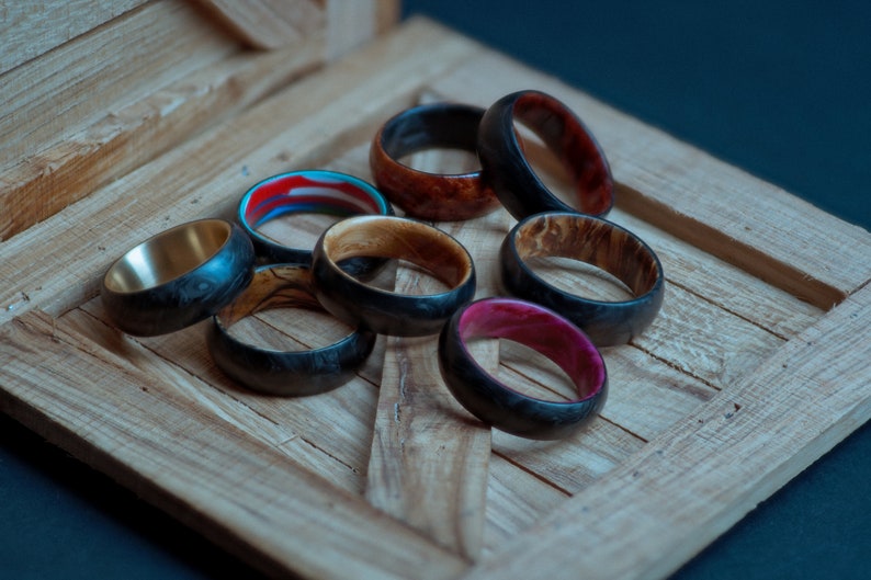 Spalted Tamarind Wood and Forged Carbon Fiber Ring, Handmade Mens Engagement Ring, Mens Wedding Band, Curved Comfort Fit Ring, Hand Crafted image 8