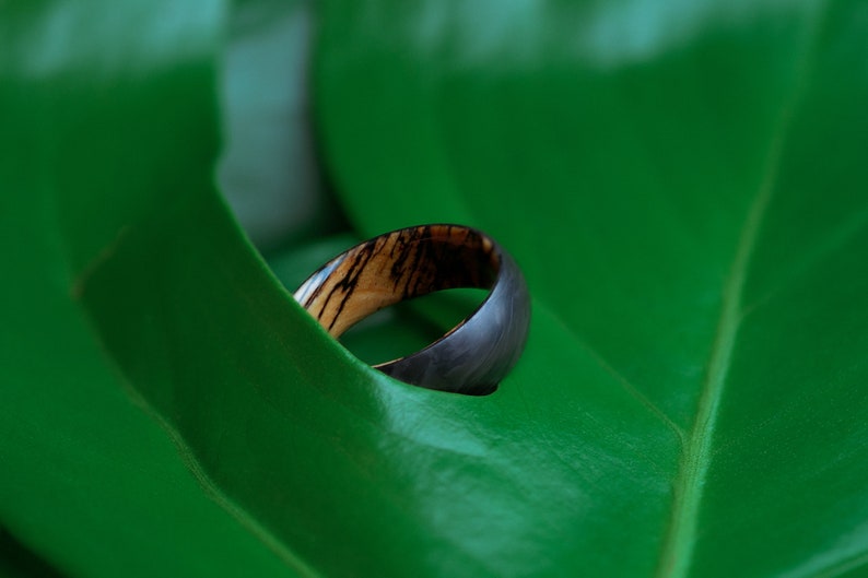 Spalted Tamarind Wood and Forged Carbon Fiber Ring, Handmade Mens Engagement Ring, Mens Wedding Band, Curved Comfort Fit Ring, Hand Crafted image 6