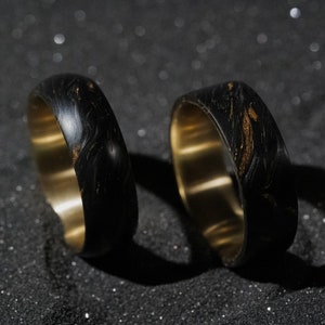Brass and Gold Forged Carbon Fiber Ring, Handmade Mens Engagement Rings, Matte Black and Golden Jewelry, Wedding Band Handmade in America