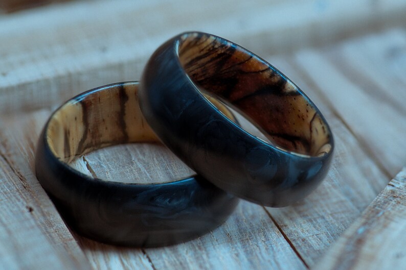 Spalted Tamarind Wood and Forged Carbon Fiber Ring, Handmade Mens Engagement Ring, Mens Wedding Band, Curved Comfort Fit Ring, Hand Crafted image 2