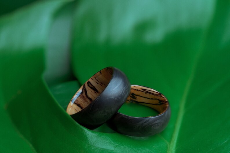 Spalted Tamarind Wood and Forged Carbon Fiber Ring, Handmade Mens Engagement Ring, Mens Wedding Band, Curved Comfort Fit Ring, Hand Crafted image 3