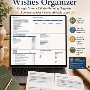 May include: A digital End-of-Life Wishes Organizer displayed on a laptop screen, featuring Google Sheets tabs for contacts, documents, and final wishes. Includes bonus printable pages for emergency contacts and document locations in a clean layout.