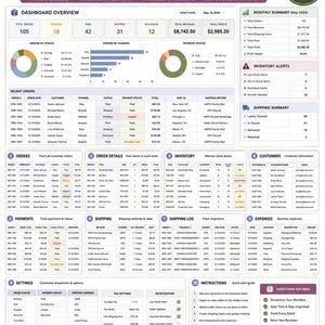 May include: An order fulfillment and shipping tracker spreadsheet template featuring ten tabs for business management. The dashboard displays order status charts, recent order tables, inventory alerts, and financial summaries for tracking revenue, expenses, and shipping logistics.