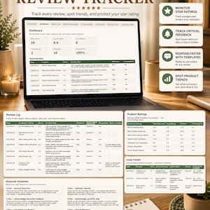 May include: A digital customer review tracker displayed on a laptop screen, featuring a dashboard with review metrics, a review log, product ratings, an issue tracker, and response templates for managing business feedback and star ratings.