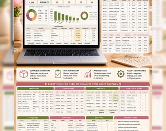May include: A digital craft supply inventory and cost tracker displayed on a laptop screen and a printed sheet. The interface features a dashboard with charts, stock status, low stock alerts, and tables for tracking purchases, projects, and suppliers.