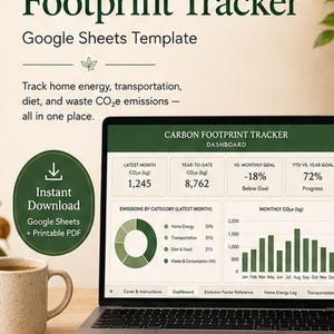 Könnte beinhalten: Eine Google Sheets-Vorlage zur Verfolgung des CO2-Fußabdrucks auf einem Laptop-Bildschirm. Das Dashboard zeigt CO2e-Emissionsdaten in Diagrammen und Tabellen, einschließlich Kategorien für Haushaltsenergie, Transport, Ernährung und Abfall. Text: Carbon Footprint Tracker, Google Sheets Template, Instant Download.