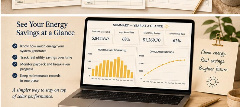 May include: A laptop screen displaying a solar energy performance dashboard titled Summary Year at a Glance with charts showing 5,842 kWh generated, 68% solar offset, $1,269.70 in savings, and 62% system payback, alongside text about tracking energy savings.