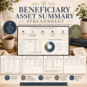 Beneficiary Asset Summary Sheet Spreadsheet | Estate Planning Organizer Inheritance Tracker Excel Template Digital Download
