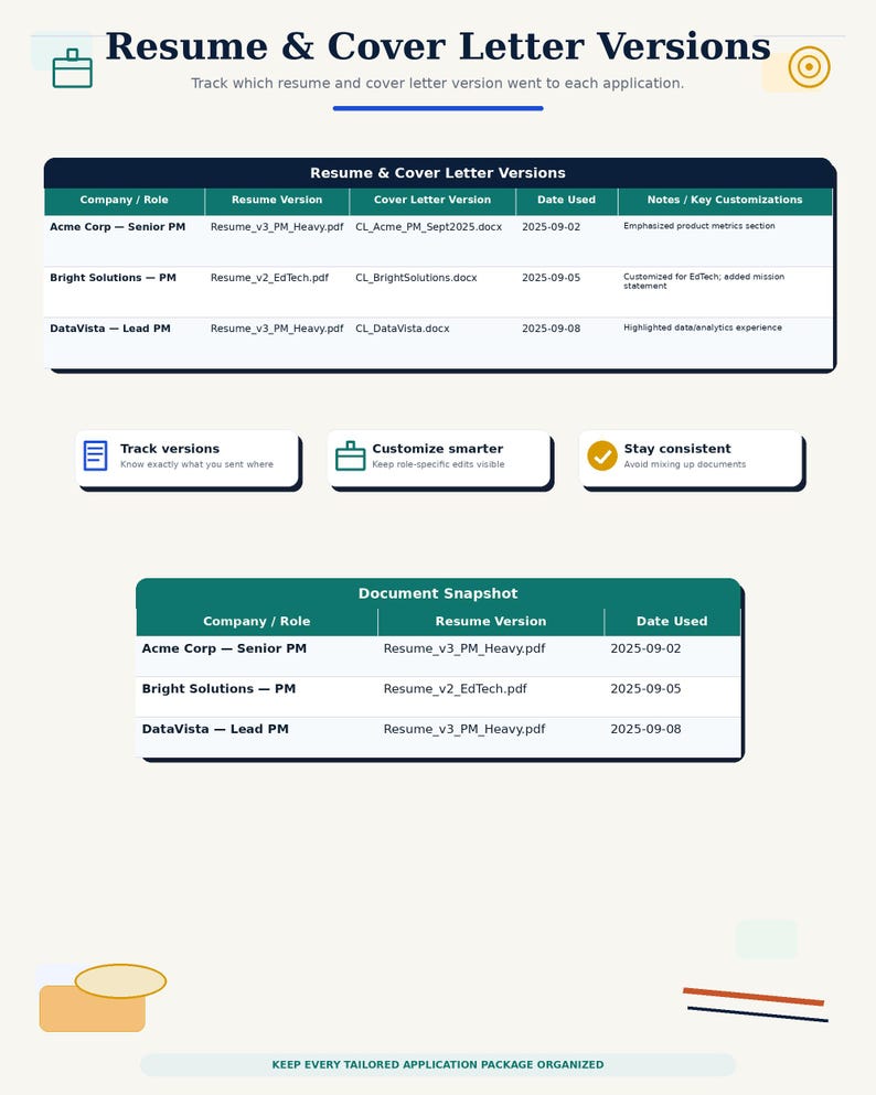 May include: A digital template titled Resume & Cover Letter Versions featuring two tables for tracking application documents. The layout includes columns for Company, Role, Resume Version, Cover Letter Version, Date Used, and Notes.