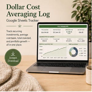 May include: A laptop displaying a Dollar Cost Averaging Log Google Sheets tracker. The screen shows a DCA dashboard with financial metrics, a portfolio value line graph, and an asset allocation pie chart. Text includes 'Instant Download'.
