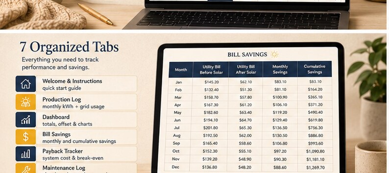 May include: A digital spreadsheet displayed on a tablet screen titled BILL SAVINGS, featuring columns for Month, Utility Bill Before Solar, Utility Bill After Solar, Monthly Savings, and Cumulative Savings, alongside a list of 7 Organized Tabs.