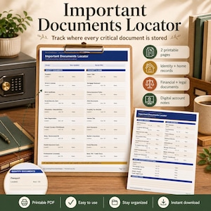 May include: A printable Important Documents Locator form on a clipboard and a separate sheet, featuring sections for identity, property, home, financial, and legal records with fields for location, account ID, and notes, presented in a clean, organized layout.