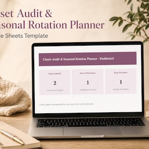 May include: A laptop screen displaying a Closet Audit & Seasonal Rotation Planner Google Sheets template. The dashboard features a dark mauve header and three light pink cards showing data for items audited, never worn items, and keep decisions.