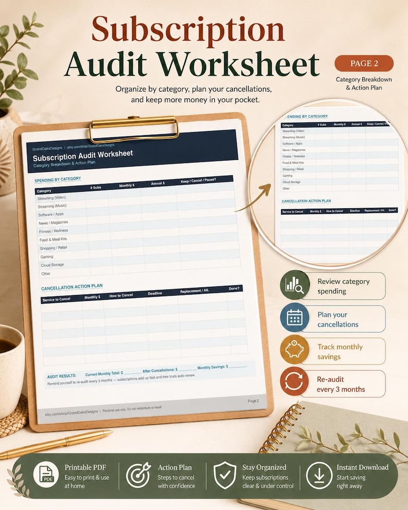 Subscription Audit Worksheet Printable | Monthly Bill Tracker | Cancel ...