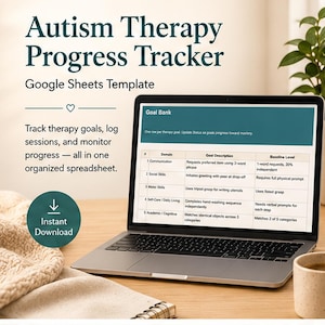May include: A laptop displaying an Autism Therapy Progress Tracker Google Sheets template. The screen shows a Goal Bank table with columns for Domain, Goal Description, and Baseline Level. Text includes Autism Therapy Progress Tracker and Instant Download.