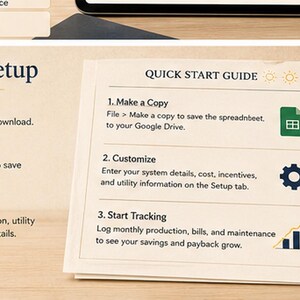 May include: A white instructional card titled Quick Start Guide with three steps for solar tracking. Step one is to make a copy, step two is to customize, and step three is to start tracking. The card features icons for a file, a gear, and a bar graph.