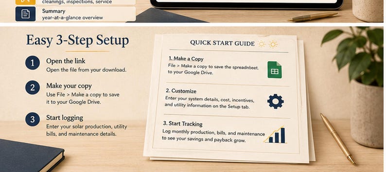 May include: A white instructional card titled Quick Start Guide with three steps for solar tracking. Step one is to make a copy, step two is to customize, and step three is to start tracking. The card features icons for a file, a gear, and a bar graph.