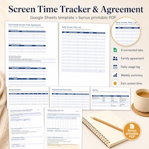 May include: A digital screen time tracker and agreement template for Google Sheets, including a printable PDF. The documents feature tables for daily logs, weekly summaries, family agreements, and settings, displayed on white paper with blue text.