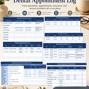 May include: A Vision, Hearing & Dental Appointment Log document featuring tables to track specialist providers, appointment history, insurance costs, and annual reminders. The layout includes sections for vision, hearing, and dental care details.